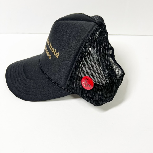 Not Gonna Hold My Horses Black Trucker Hat with Gold Text and Red Hat Pin - Picture 7 of 16